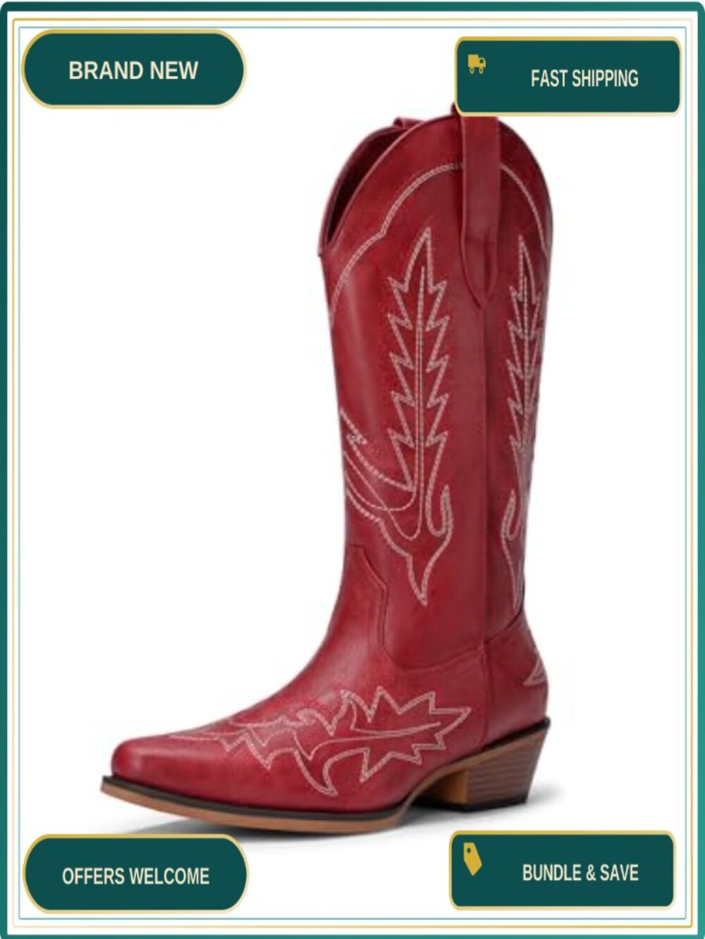 Women's Cowgirl Cowboy Boots Mid Calf Faux Leather Embroidery Slip-On